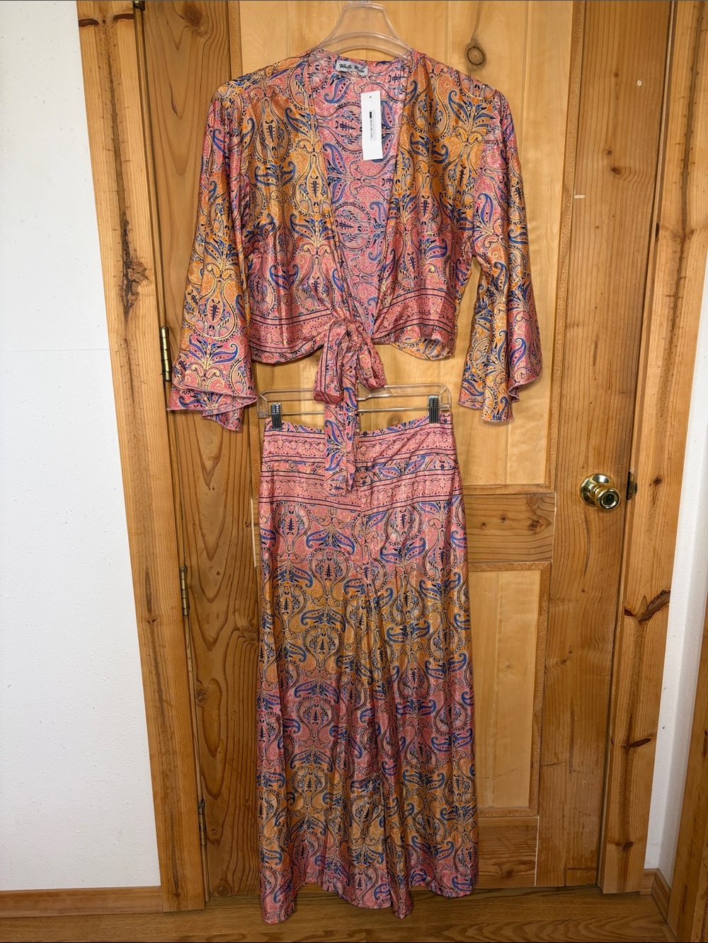 White Waves Two-Piece Pant Set in Pink, Peach, Royal Blue with Gold Accents